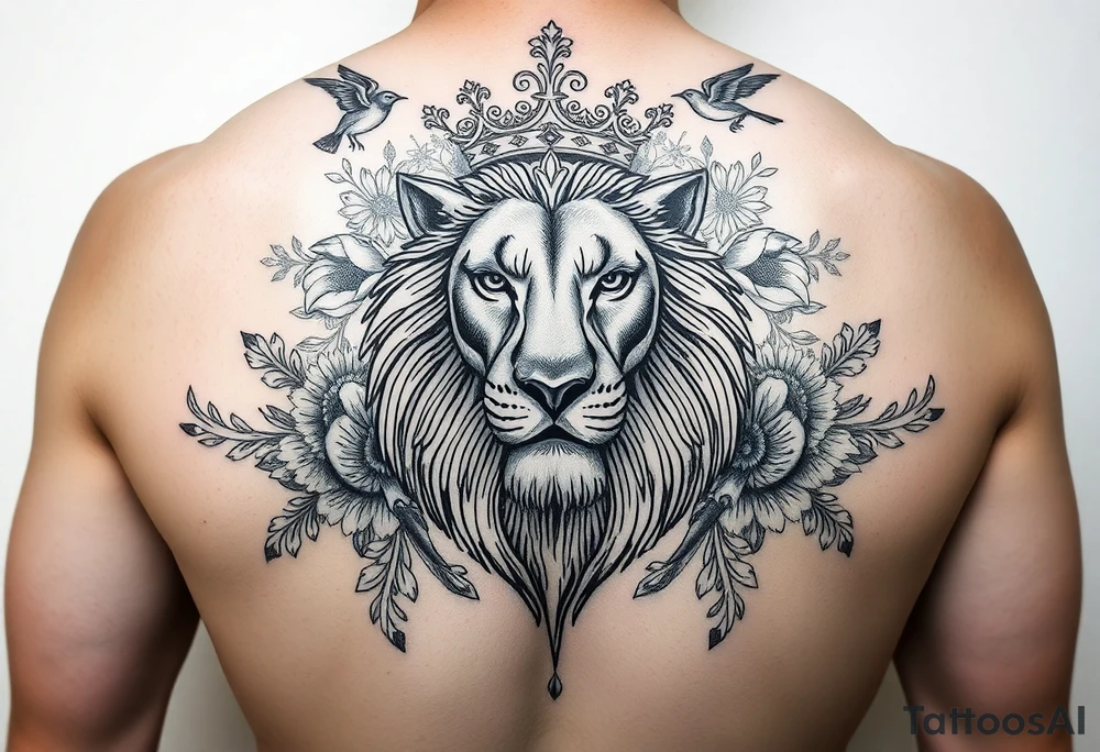powerful majestic lion with a crown, surrounded by floral ornaments and birds tattoo idea
