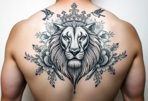 powerful majestic lion with a crown, surrounded by floral ornaments and birds tattoo idea