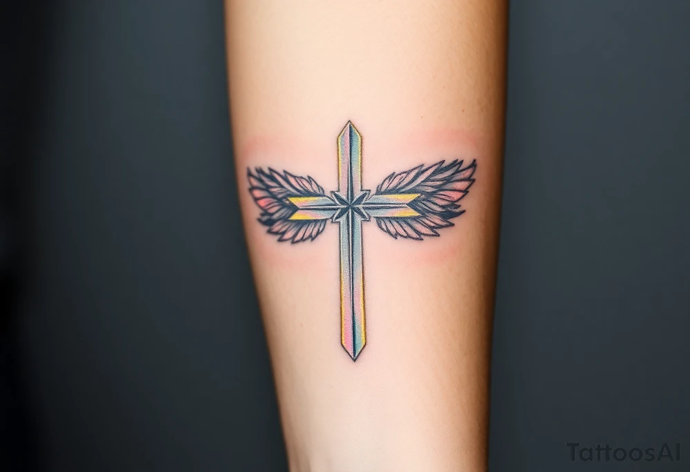 A glowing silver cross with floating feathers, each reflecting hints of pink, blue, and soft gold tattoo idea
