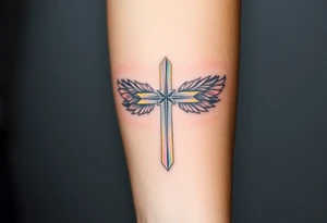 A glowing silver cross with floating feathers, each reflecting hints of pink, blue, and soft gold tattoo idea