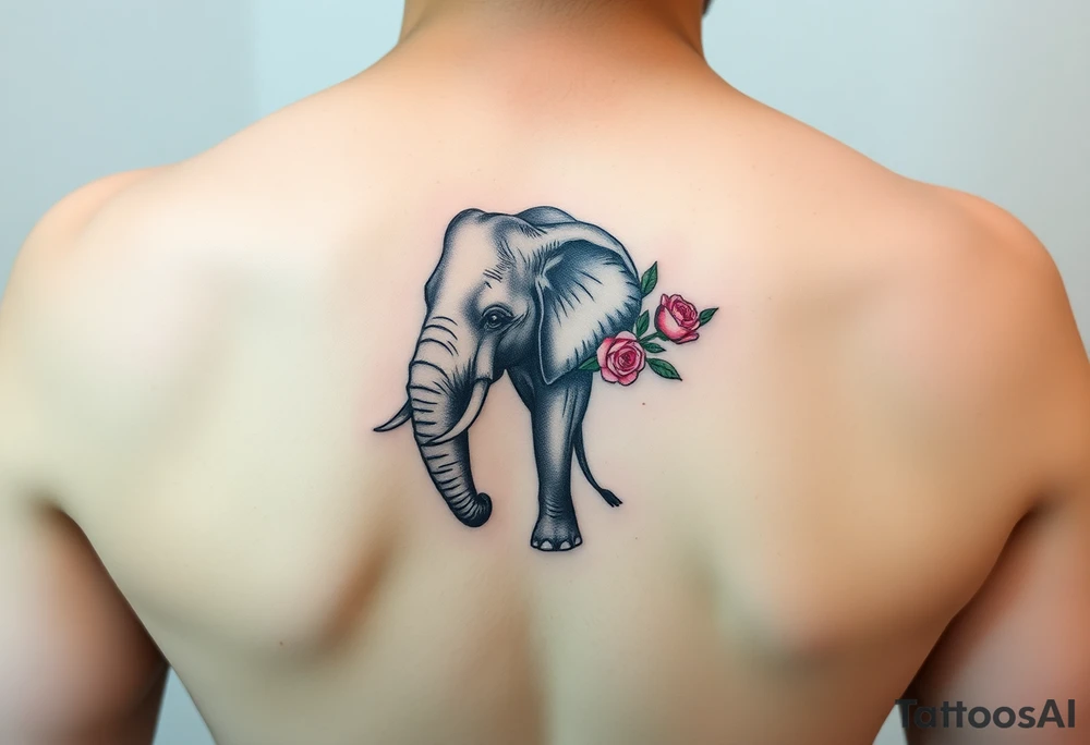 elephant holding a bouquet of small pink peonies wrapped in the end of its trunk tattoo idea