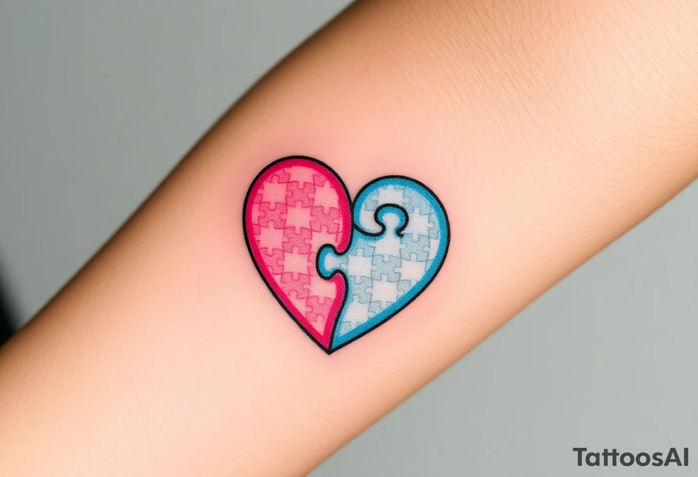 A heart-shaped puzzle with two interlocking pieces, one soft pastel pink and the other baby blue, symbolizing the inseparable bond between parent and child tattoo idea