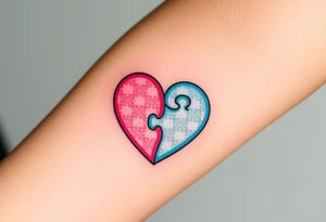 A heart-shaped puzzle with two interlocking pieces, one soft pastel pink and the other baby blue, symbolizing the inseparable bond between parent and child tattoo idea