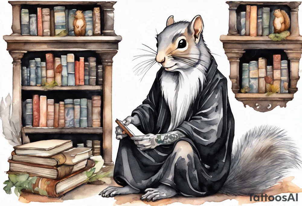 an elderly grey squirrel with a long beard wearing a black robe sitting in an ancient library tattoo idea