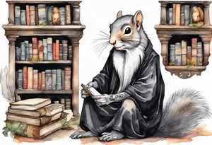 an elderly grey squirrel with a long beard wearing a black robe sitting in an ancient library tattoo idea