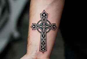 A Celtic cross with sharp, geometric edges, blending traditional design with modern minimalism. tattoo idea