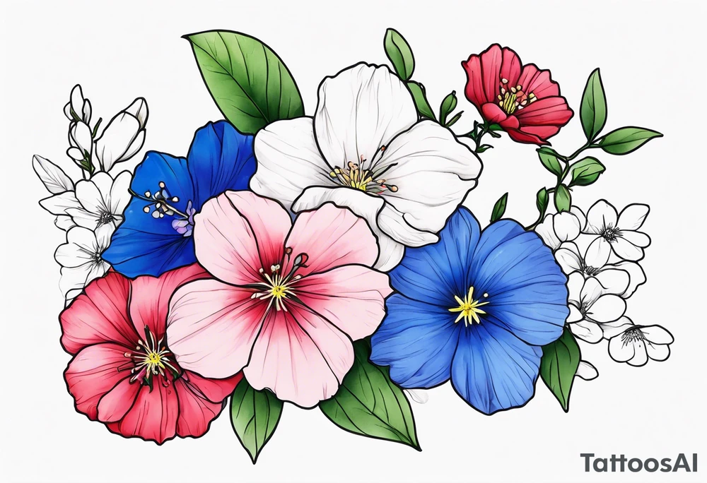 Realistic cherry blossom, delphinium, morning glory, and cosmos flowers together on a leafy sprig tattoo idea