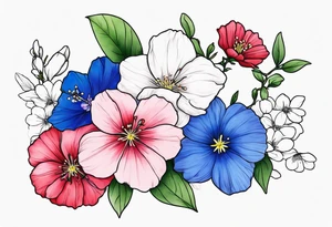 Realistic cherry blossom, delphinium, morning glory, and cosmos flowers together on a leafy sprig tattoo idea