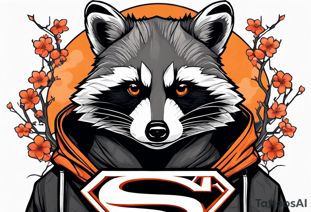 Raccoon wearing a white Superman logo on a black hoodie and orange Japanese cherry blossoms tattoo idea