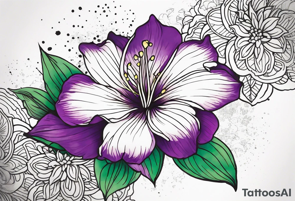 An outline of a rio dipladenia flower with a green/purple watercolor splash in the background tattoo idea