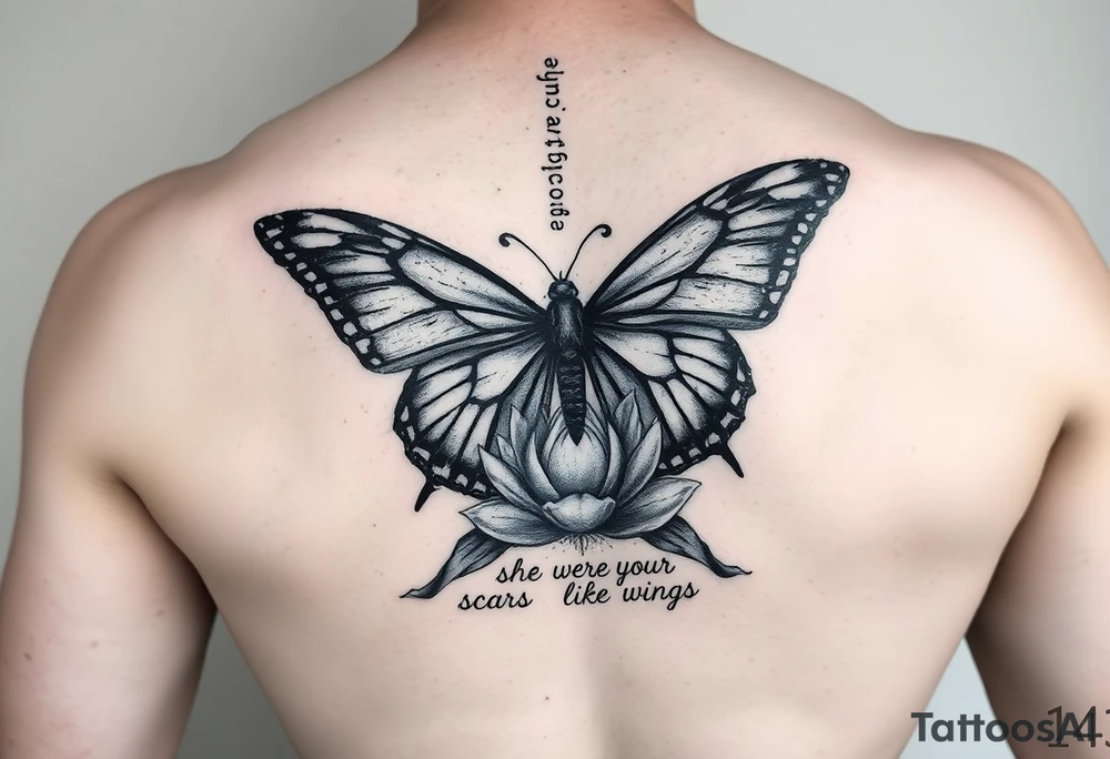 butterfly with cracked wings and lotus flower with quote that says “she wore her scars like wings” all down spine but very elegant towards lower back tattoo idea