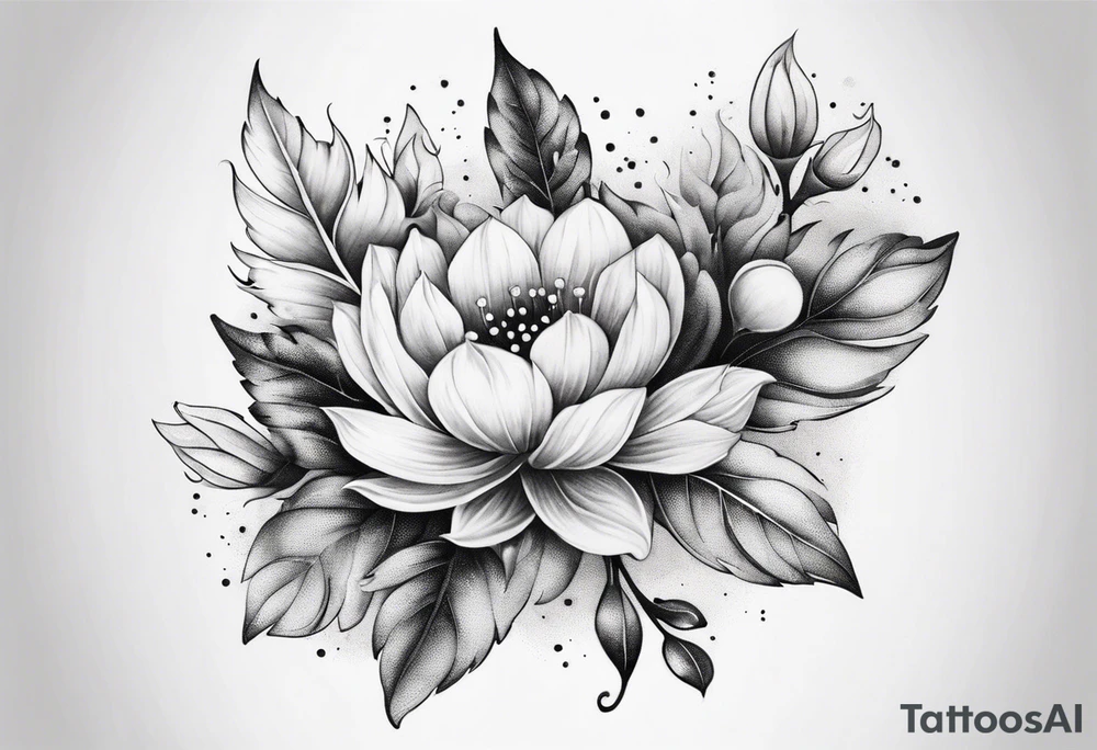 Design an ornamental tattoo featuring a single stem with delicate leaves and blossoms, using thin lines for a refined look. tattoo idea