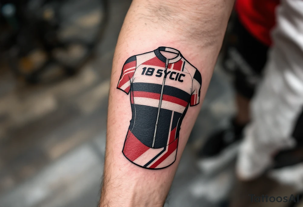 A stylized cycling jersey with race number, subtly adorned with stripes and patterns to evoke the essence of competitive cycling. The jersey design can incorporate shades of red, white, and black, with the number in bold black ink. This tattoo could emphasize the rider’s dedication and connection to the sport. tattoo idea