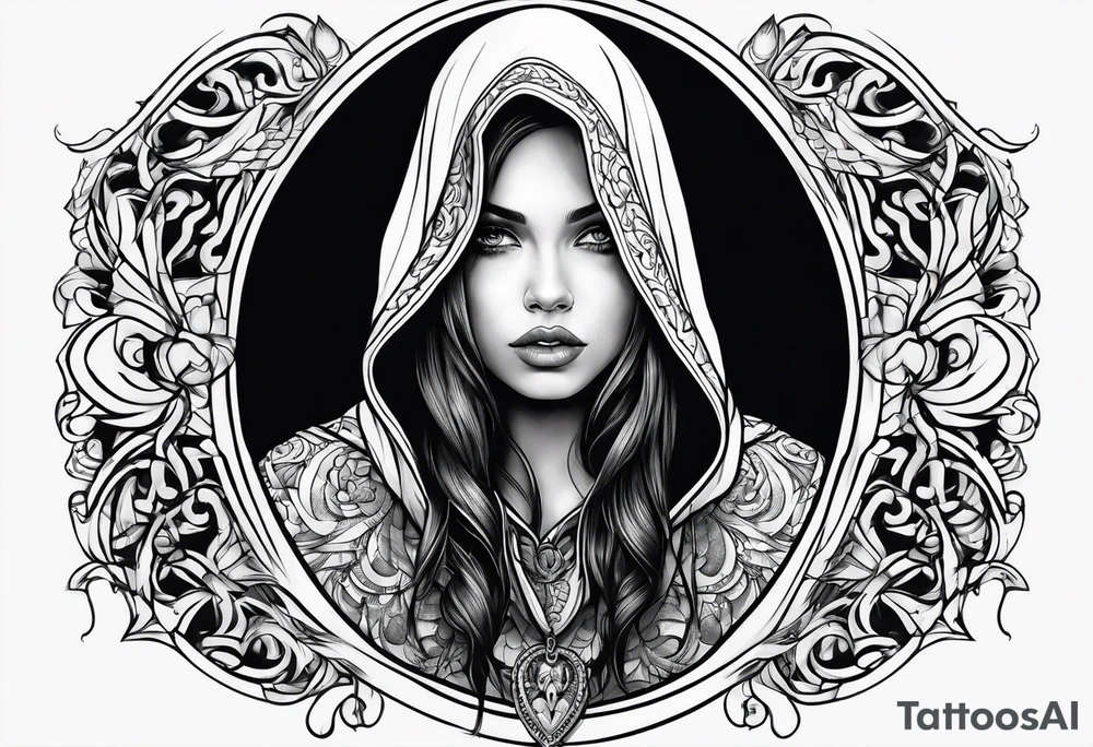 Hidden gothic hooded girl tattoo idea