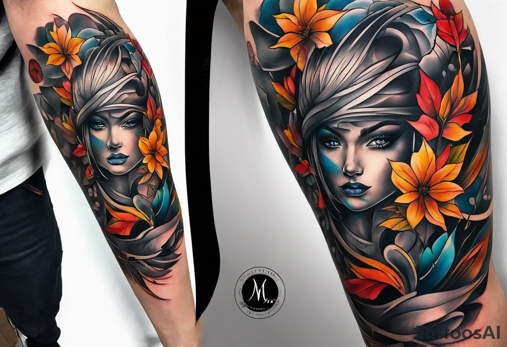 knee tattoo in fall color masculine tattoo idea