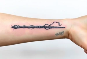 A Death Eater wand with a bone-like structure, emitting dark magical tendrils tattoo idea