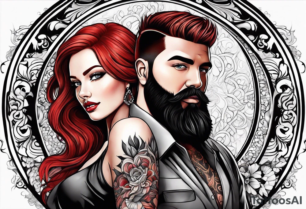Busty red haired woman with a bearded man who has black hair tattoo idea