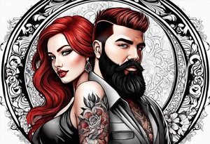 Busty red haired woman with a bearded man who has black hair tattoo idea