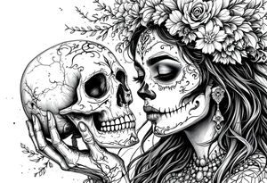 Mexican lady of the dead holding a skull to her face tattoo idea