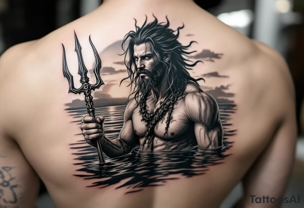 young, fit poseidon in calm water, behind a trident, holding a beer, with sunset tattoo idea