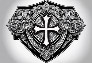 pauldron armor piece with a cross in the center and a sun on the side tattoo idea