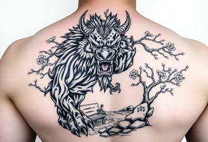 Fierce Japanese oni with cherry blossom tree river and stone bench tattoo idea