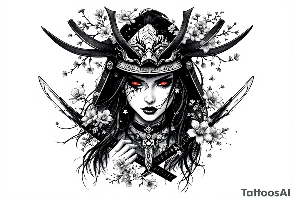 Woman samurai with red eyes wearing an half and broken kitsune mask like an hat, holding 
two katana and Sakura flowers ornement
Tatoo is for upper arm tattoo idea