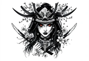 Woman samurai with red eyes wearing an half and broken kitsune mask like an hat, holding 
two katana and Sakura flowers ornement
Tatoo is for upper arm tattoo idea