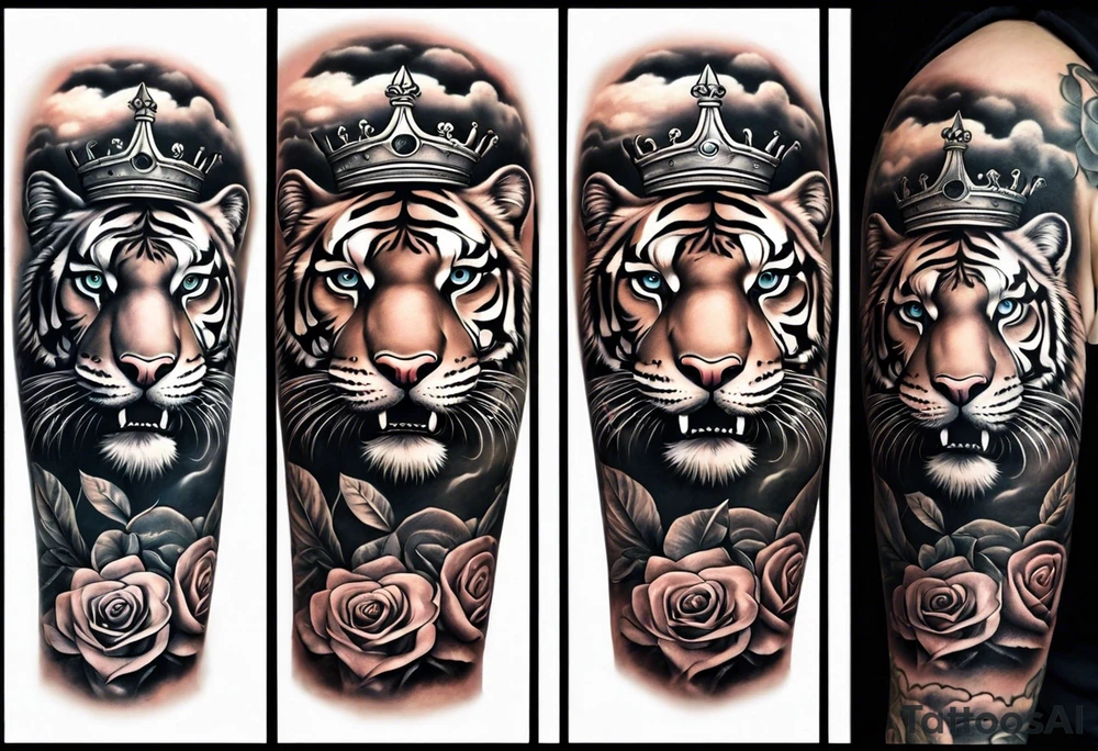 Full right arm sleeve  tiger with a crown and third eye with a hour glass instead the hourglass brain cover in in clouds and a heart cover in grass and roots with roses and smoke all over the arm tattoo idea