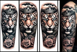 Full right arm sleeve  tiger with a crown and third eye with a hour glass instead the hourglass brain cover in in clouds and a heart cover in grass and roots with roses and smoke all over the arm tattoo idea