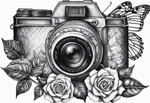 sunflower, camera, flower rose , book, butterfly tattoo idea