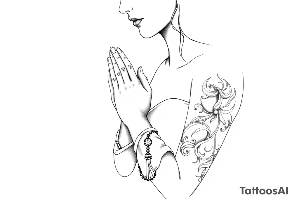 Woman praying with rosary tattoo idea