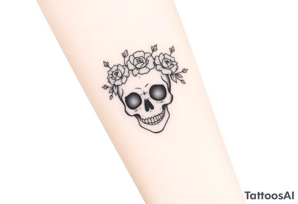 ornate skull adorned with crown of wild roses and thorns tattoo idea
