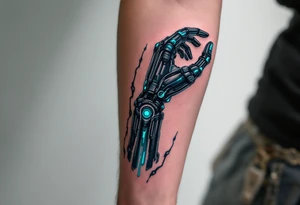 A mechanical forearm revealing graphite-colored artificial tendons under realistic shaded skin, accented with electric-blue joints. tattoo idea