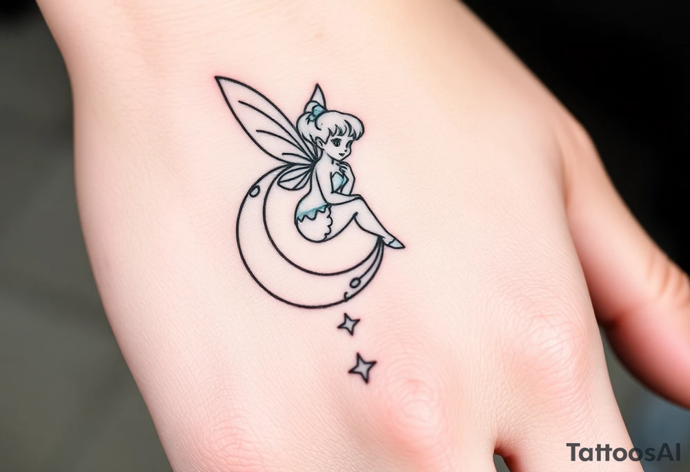 Tinkerbell sitting on a crest moon thrown pixie dust tattoo idea