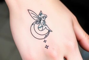 Tinkerbell sitting on a crest moon thrown pixie dust tattoo idea