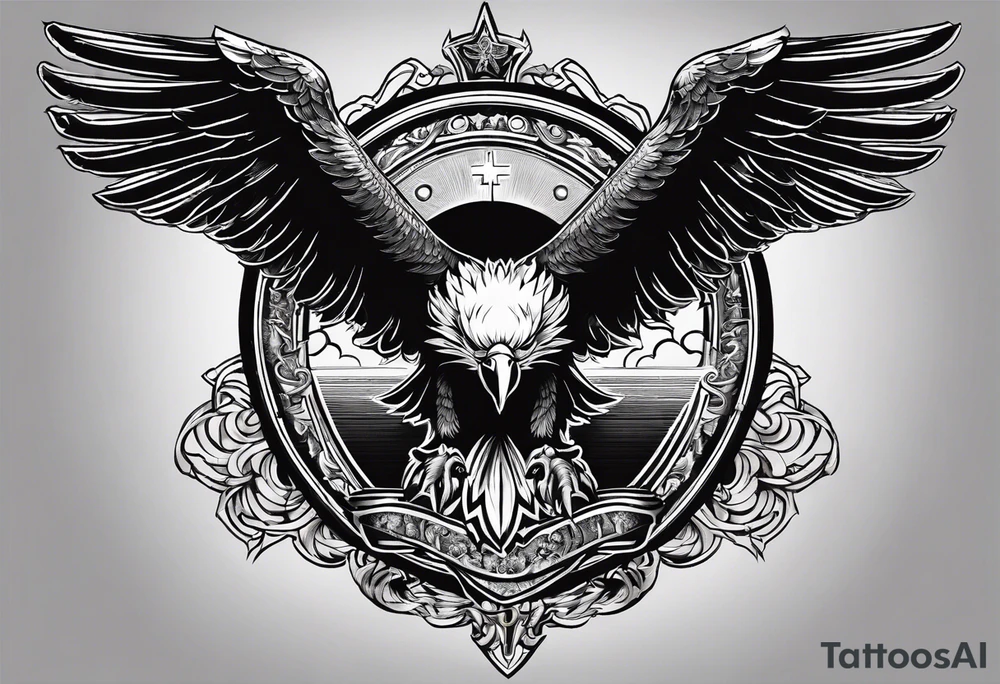 idea of pain for glory in life, discipline and catholic religion. Tattoo on the back with an eagle tattoo idea