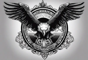 idea of pain for glory in life, discipline and catholic religion. Tattoo on the back with an eagle tattoo idea