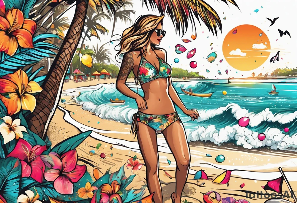 SURFING SAFARI BEACH DANCE 
PARTY WITH CONFETTI AND MUSIC NOTES, TROPICAL DRINKS, SEXY BIKINIS tattoo idea