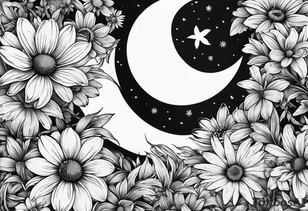 Crescent moon shrouded by beautiful daisies tattoo idea