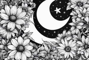 Crescent moon shrouded by beautiful daisies tattoo idea