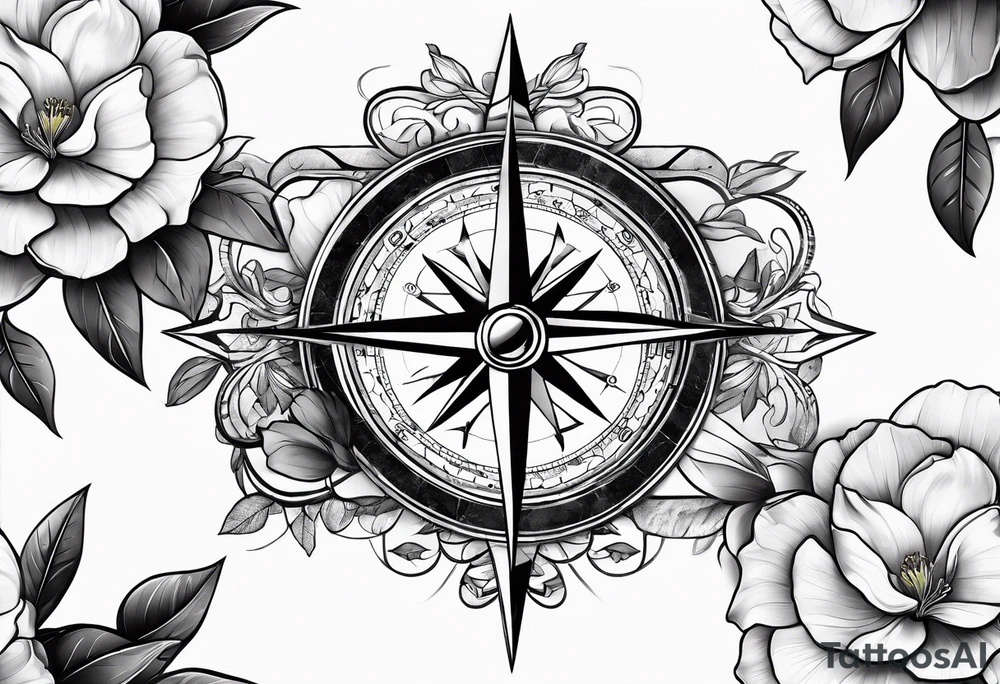 ancient stone compass with magnolia flowers tattoo idea