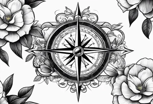 ancient stone compass with magnolia flowers tattoo idea