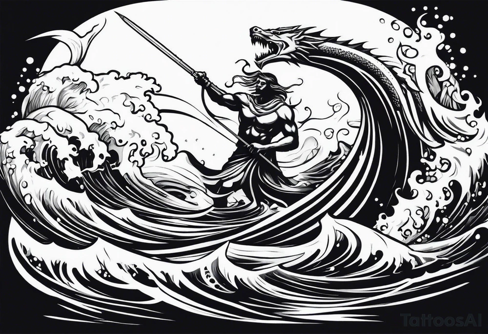 posseidon with his trident in the water fighting a sea water monster tattoo idea
