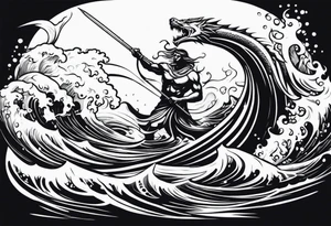 posseidon with his trident in the water fighting a sea water monster tattoo idea