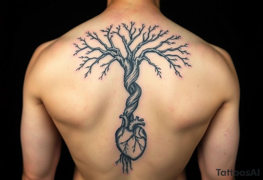 DNATREE trunk with space for names with roots with anatomical heart in bottom tattoo idea