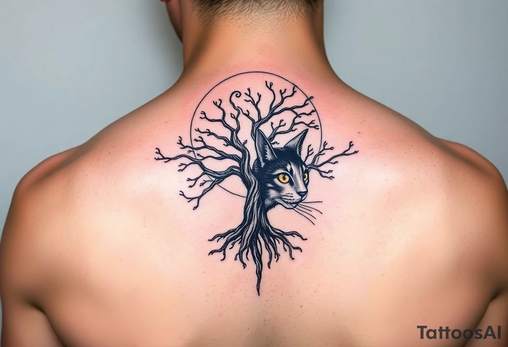 Bright full moon with a tree of life and Cheshire cat face tattoo idea