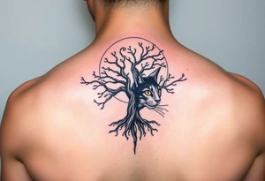 Bright full moon with a tree of life and Cheshire cat face tattoo idea