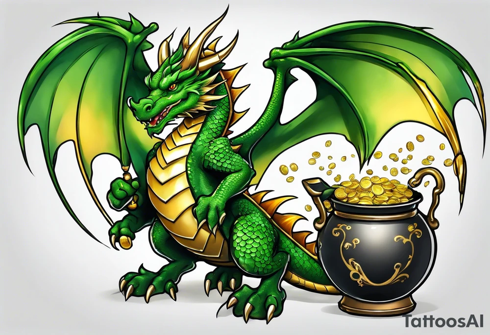 Green dragon holding a pot of gold tattoo idea