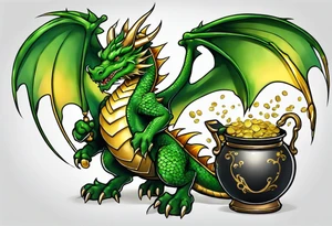 Green dragon holding a pot of gold tattoo idea